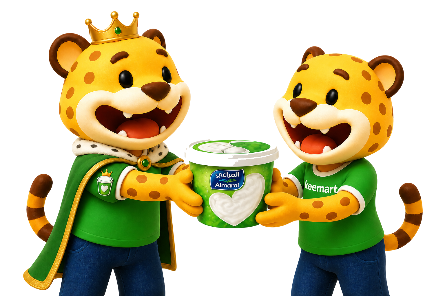 Two leopards offering a yogurt together